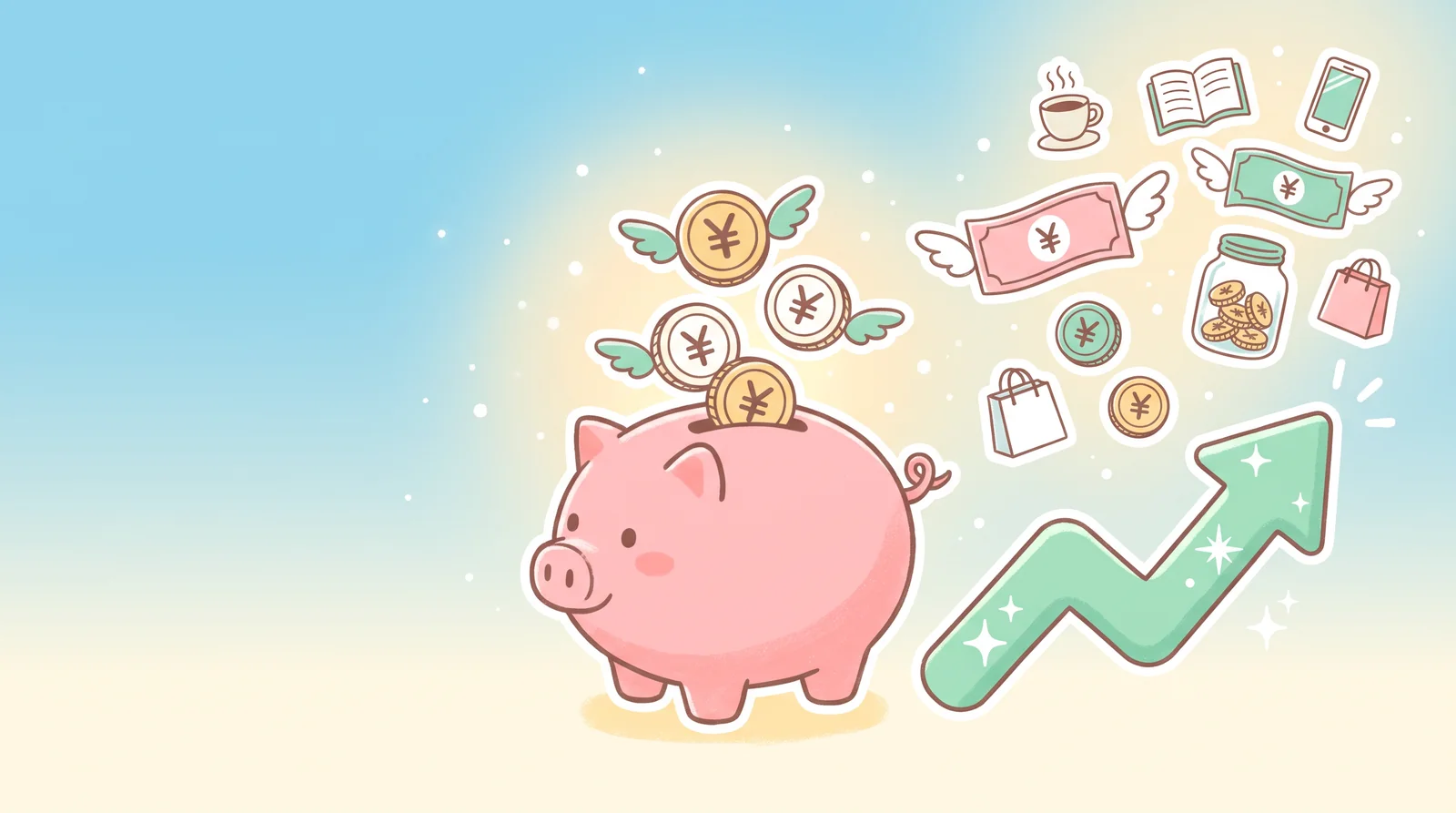 貯金箱と上向きグラフ｜収入イメージ